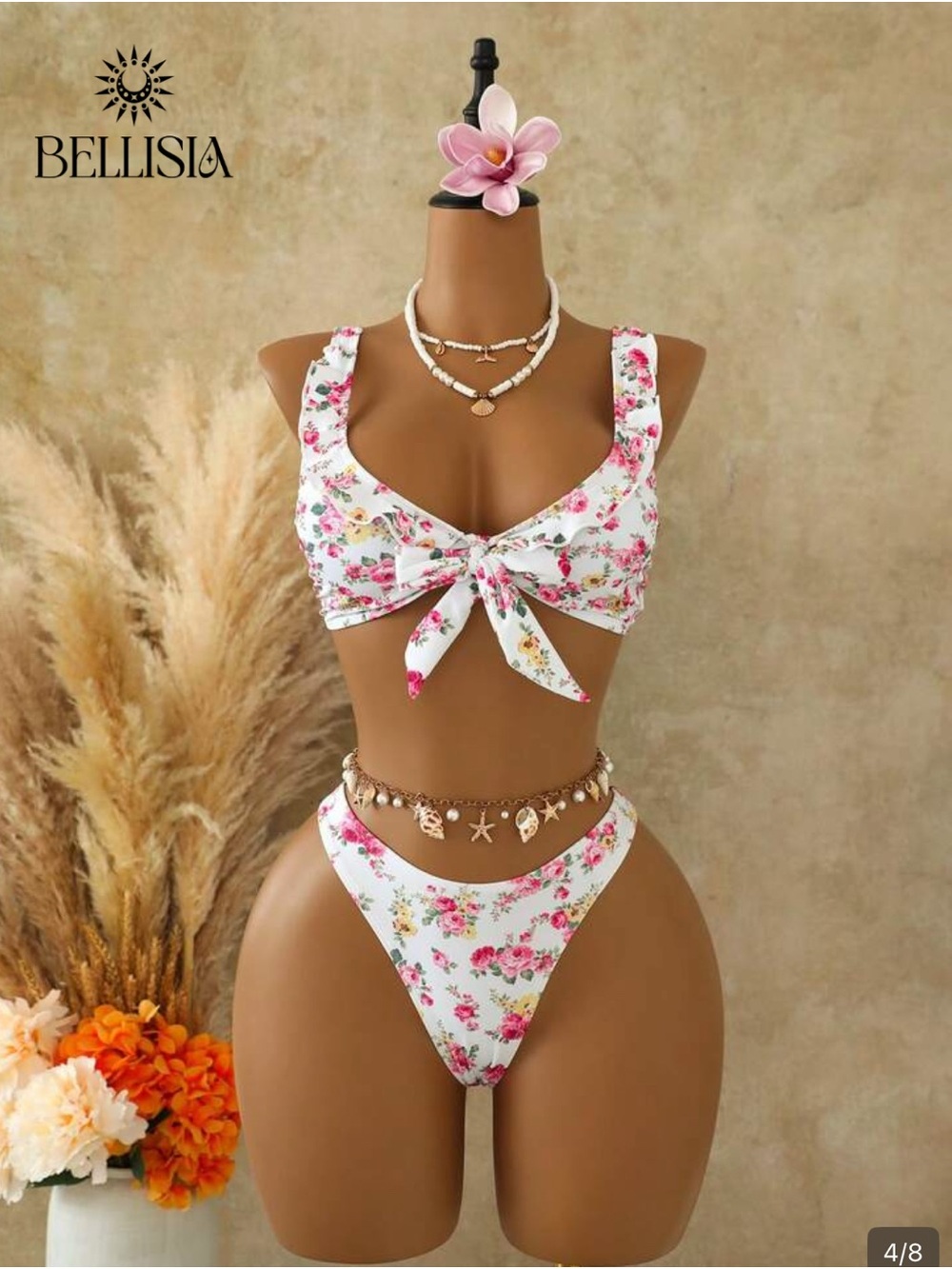 White Floral Tie-Front Bikini